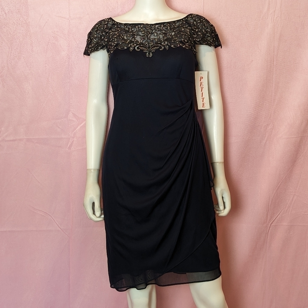 Xscape Navy Rhinestone Ruched Cap Sleeve Boat Neck Above The Knee Formal Dress